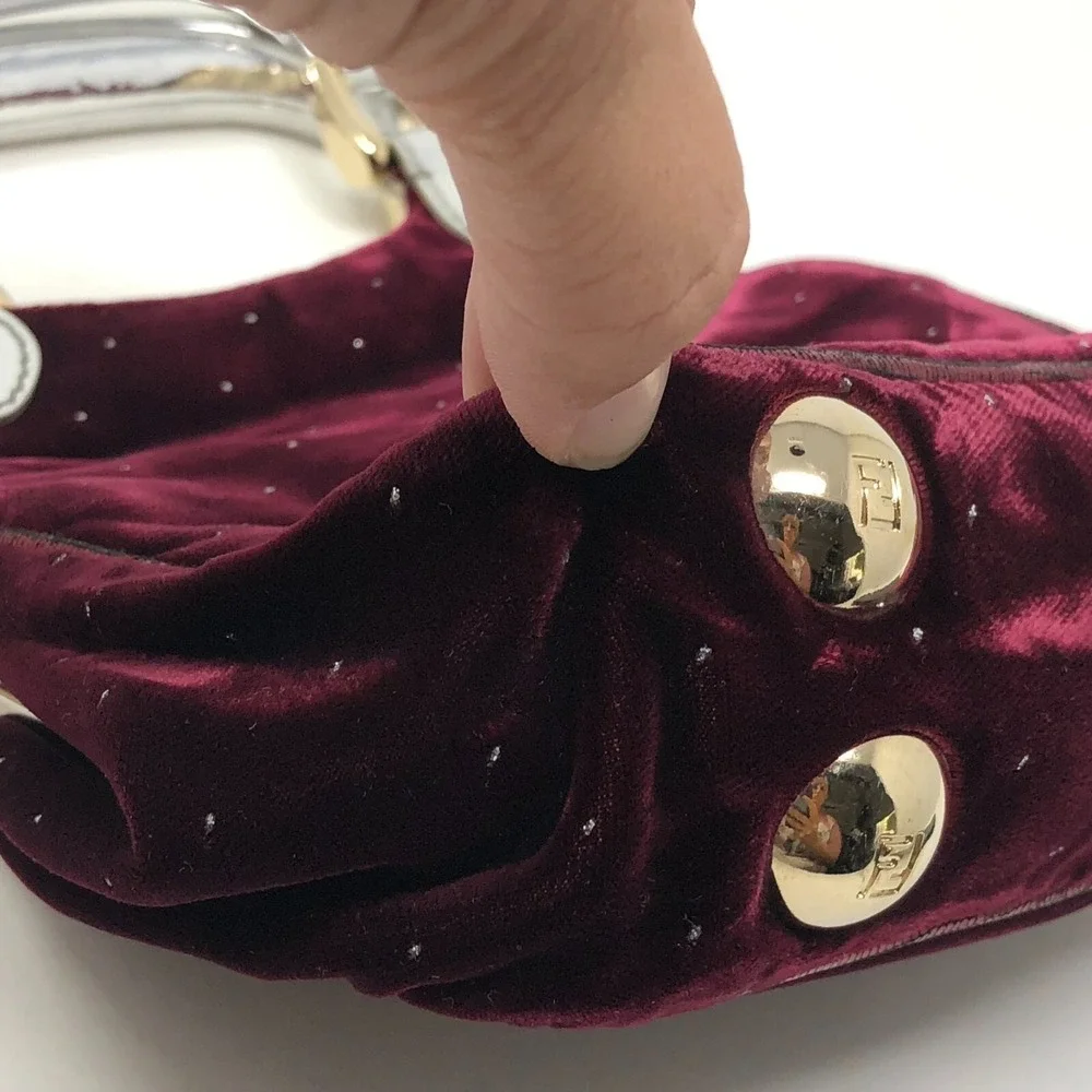 Fendi Velvet Handbag Small Burgundy‎ Red Needlepoint Chunky Handle Whimsigoth